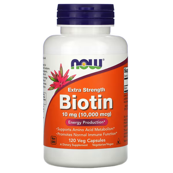 5235265748_biotin-povyshennoj-sily.png Біотин із посиленою дією, 10 мг (10 000 мкг), NOW Foods, 120 капсул - Зображення 1